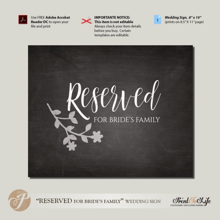 Reserved Place sign for Bride's Family, Printable Chalkboard Sign 1