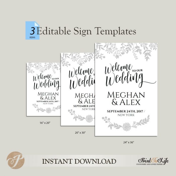 Welcome Wedding Sign, Printable Welcome Sign, Editable PDF Template, 3 sizes. 2