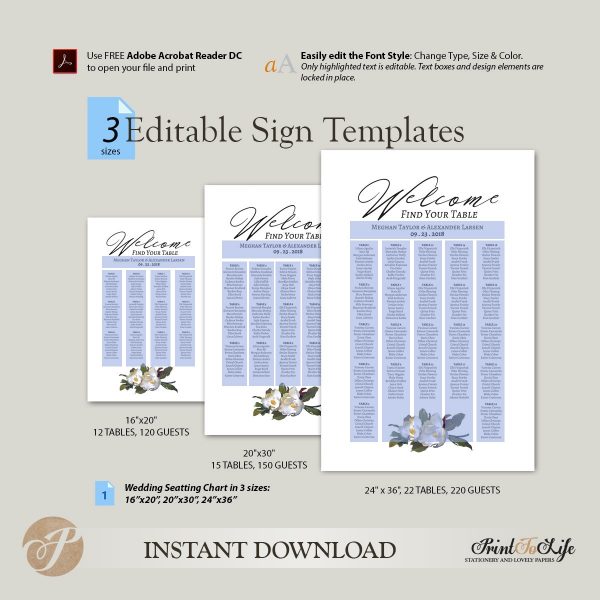 Printable Wedding Seating Chart, Magnolia Seating Chart Template 