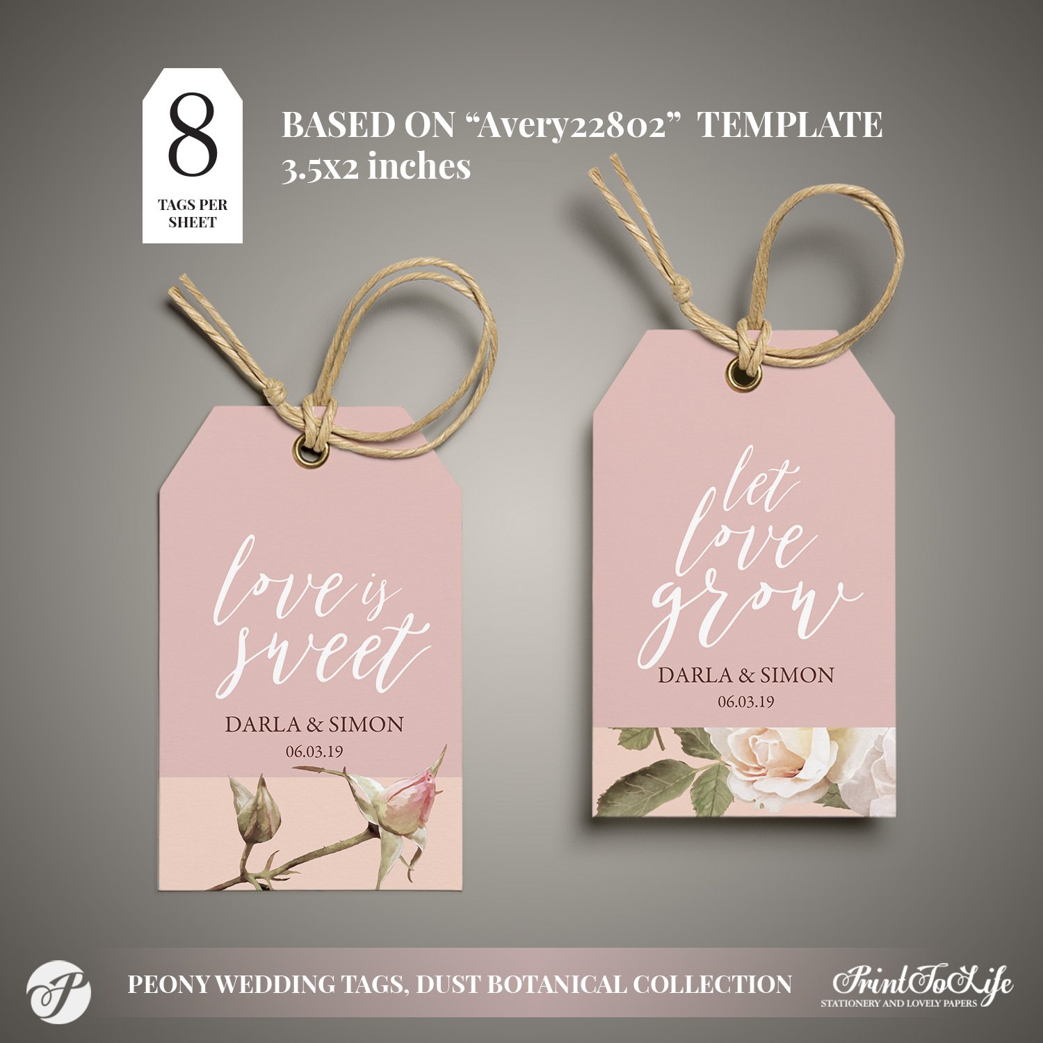 Peony Custom Wedding Labels, Favor Sticker Template, Set of 3, Square Shape #Dusty Pink Botanical Collection - by Printolife