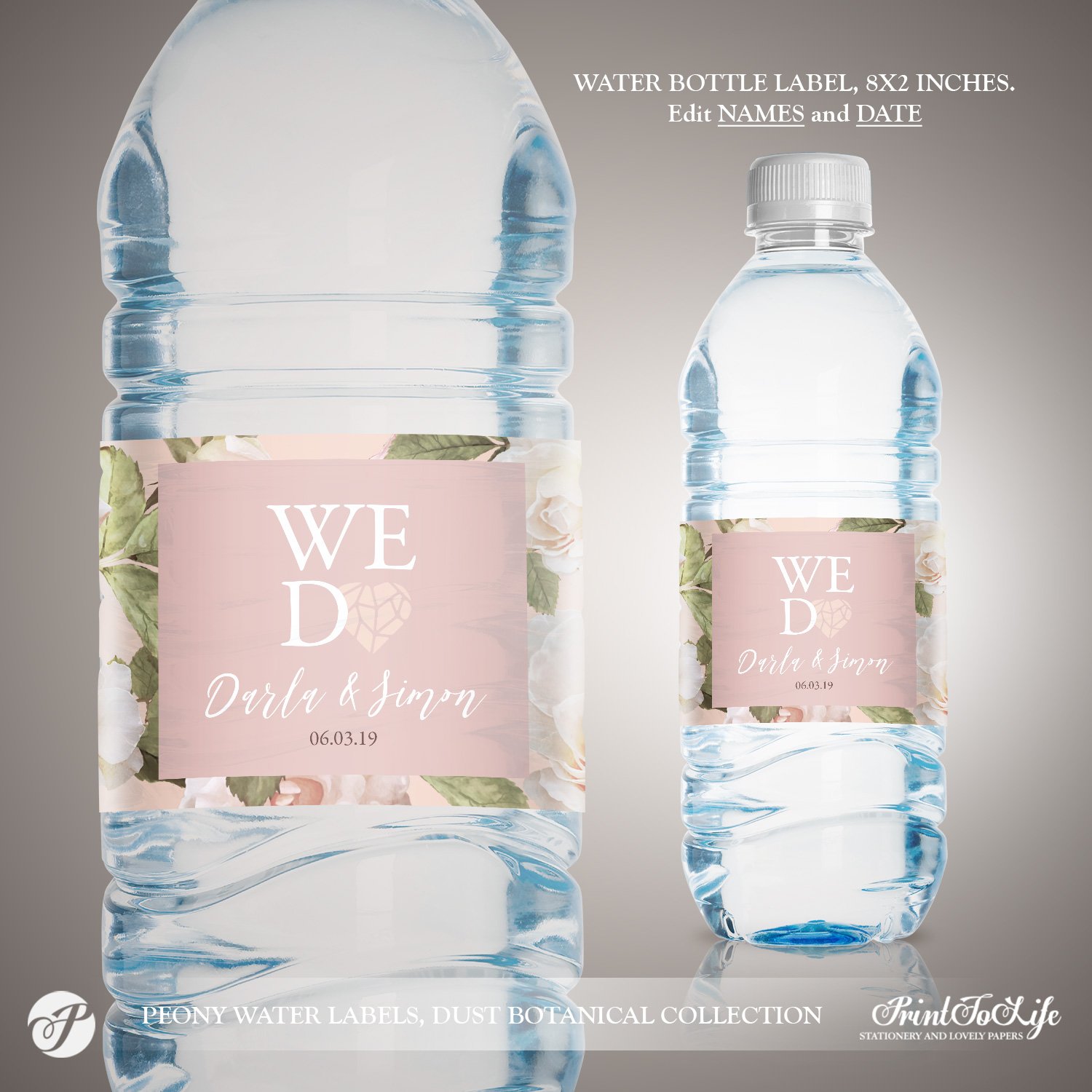 Peony Water Bottle Label Template by Printolife