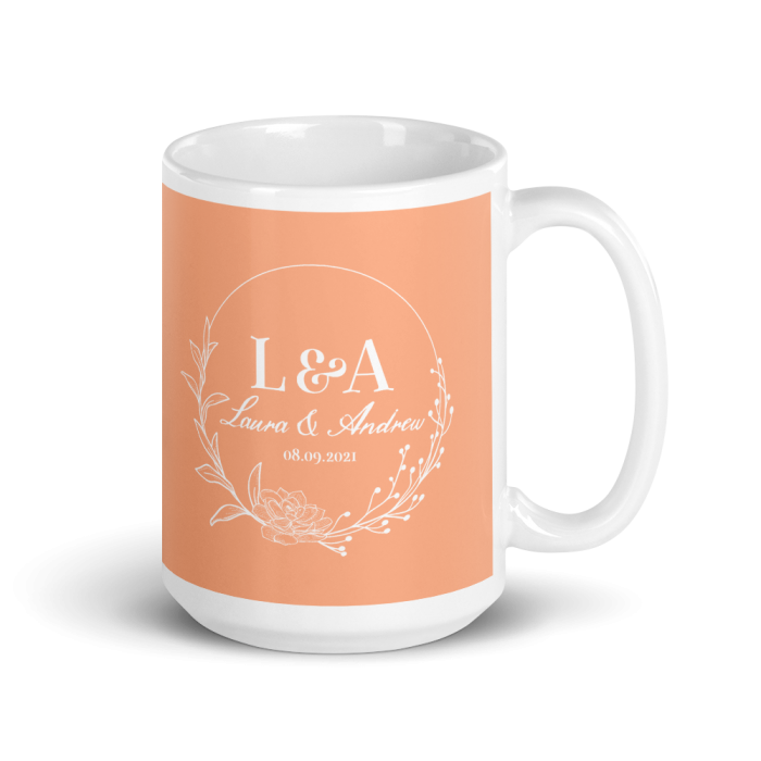 Personalized Orange Wedding Mug | Monogrammed Gift | 1 Custom Mug 11-15oz | Rustic floral style 02 2