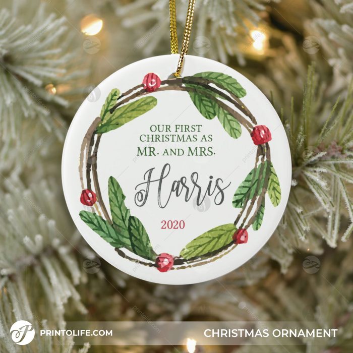 Mr and Mrs Christmas Ornament, 1 Sweet Ornament Personalized With Family Name and Date + Free Gift Box 1