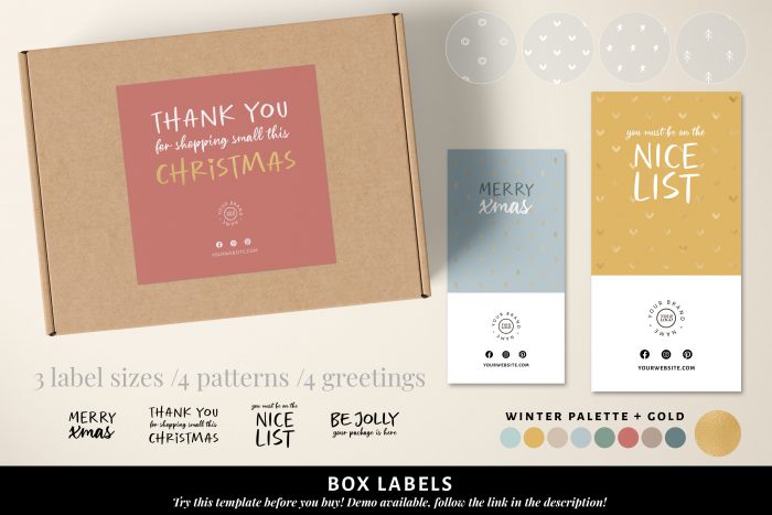 Christmas Packaging Template Bundle, Branded packaging with 5 coordinated cards, 4 tissue papers, 3 box labels and more 1